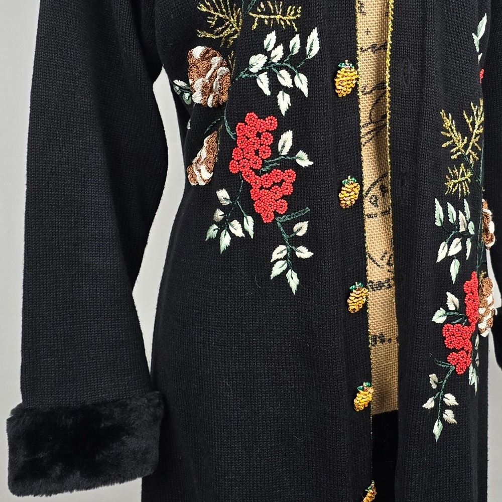 Storybook Knits Black Beaded Floral Cardigan Sweater Coat Faux Fur Trim Medium - Picture 16 of 16